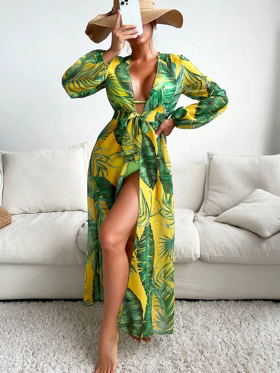 Tropical Print Belted Kimono - Yellow - View 1