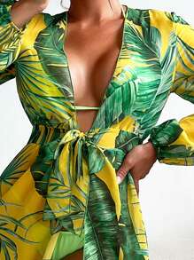 Tropical Print Belted Kimono - Yellow - View 3