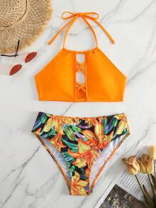 熱帶圖案交叉掛脖比基尼泳裝 - 橘色 - 查看 3