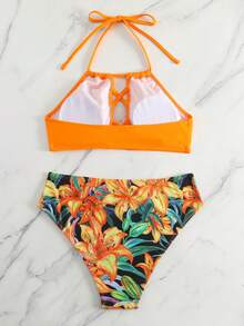 熱帶圖案交叉掛脖比基尼泳裝 - 橘色 - 查看 4