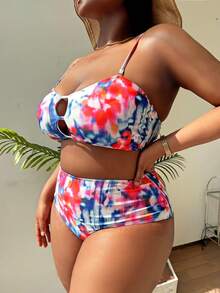 SHEIN Swim Curve 大尺碼紮染剪裁比基尼套裝夏季海灘 - 彩色 - 查看 4
