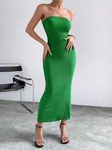 SHEIN Privé Vestido ajustado tubo unicolor con abertura trasera - Verde - Ver 3