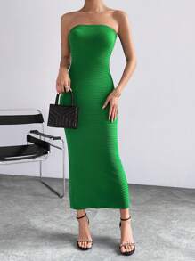 SHEIN Privé Vestido ajustado tubo unicolor con abertura trasera - Verde - Ver 5