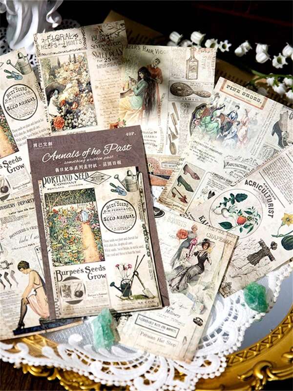 40pcs Slogan & Figure Graphic Material Paper, Vintage Multipurpose Decorative Craft Paper For DIY Craft At Home