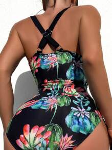 Đồ bơi một mảnh in họa tiết nhiệt đới mùa hè xoắn phía trước nâng ngực - màu đen - Xem 2