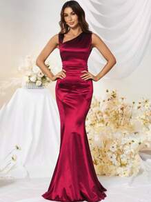 MUXXN Đầm Bất đối xứng Xù màu trơn Buổi tiệc - Đỏ - Xem 1