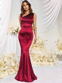 MUXXN Đầm Bất đối xứng Xù màu trơn Buổi tiệc - Đỏ - Xem 4