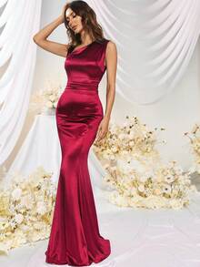 MUXXN Đầm Bất đối xứng Xù màu trơn Buổi tiệc - Đỏ - Xem 6