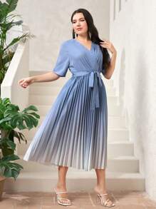 Modelyn Plus Ombre Pleated Hem Belted Dress - Blue and White - View 1