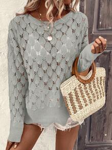 SHEIN VCAY Drop Shoulder Pointelle Knit Jumper - Light Grey - View 1