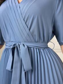 Modelyn Plus Ombre Pleated Hem Belted Dress - Blue and White - View 6