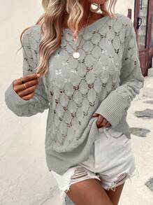 SHEIN VCAY Drop Shoulder Pointelle Knit Jumper - Light Grey - View 5