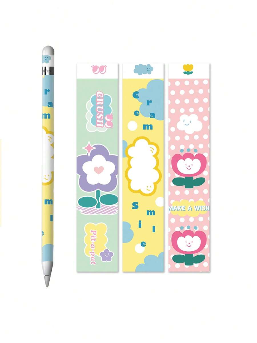 3pcs Flower & Letter Graphic PVC Stylus Pen Sticker Compatible With Apple Pencil 1st - Multicolor - View 1