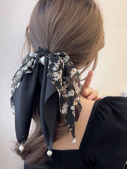 1件装女士印花仿珍珠装饰时尚围巾发圈，用于头发装饰，优雅发圈，马尾辫头饰，弹性发带