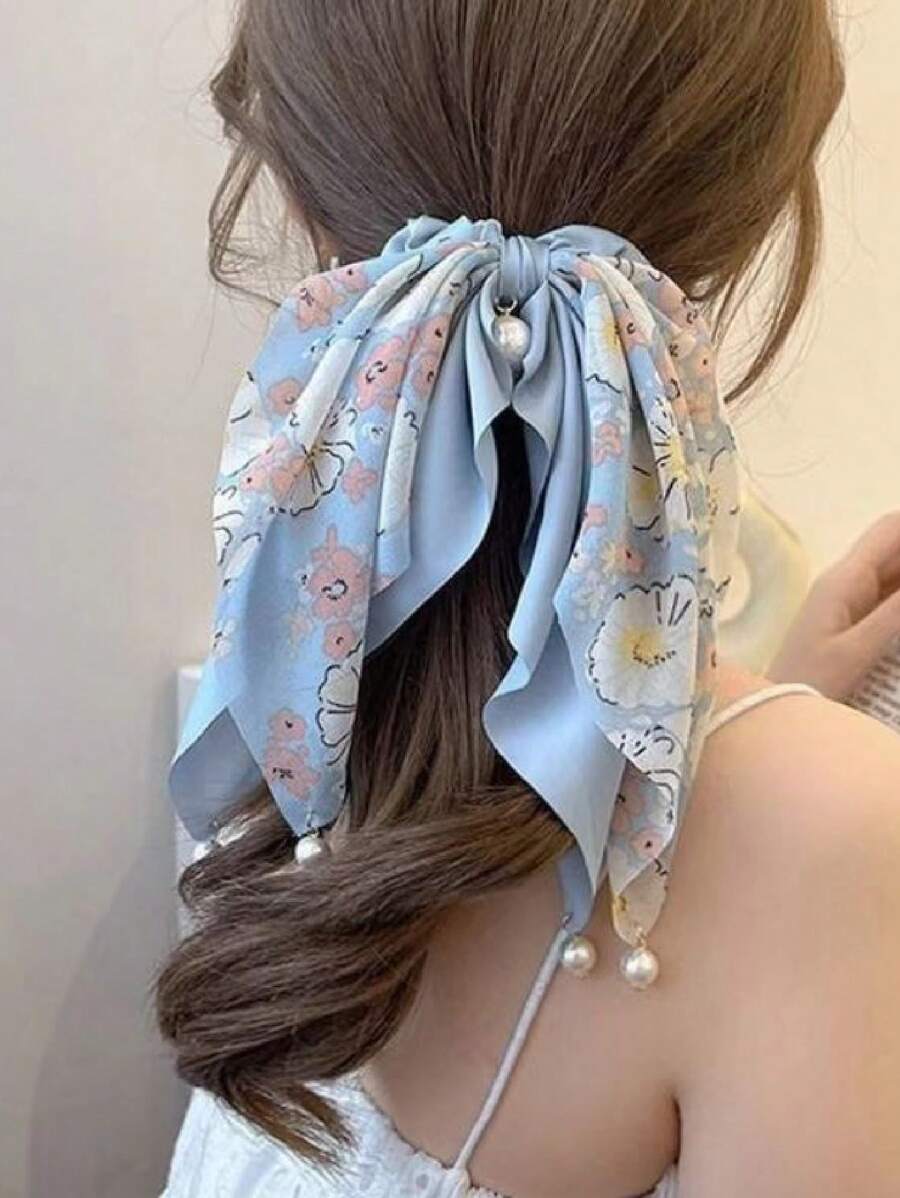 1件装女士印花仿珍珠装饰时尚围巾发圈，可作发饰、波西米亚风发圈、马尾辫发圈、发饰、弹性发带、美发家居饰品