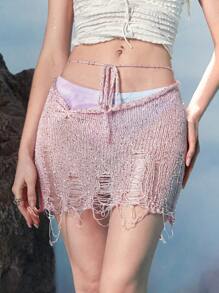 ROMWE Fairycore Distressed Contrast Sequin Tie Front Knit Skirt - Baby Pink - View 1