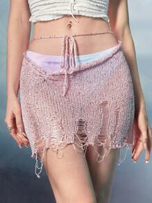 ROMWE Fairycore Distressed Contrast Sequin Tie Front Knit Skirt - Baby Pink - View 6