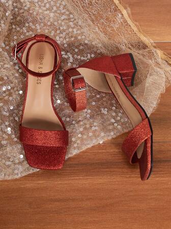 女性踝帶金屬亮絲粗跟魅力四射涼鞋