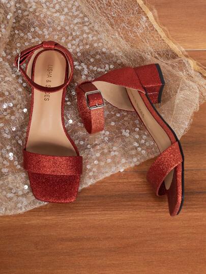 女性踝帶金屬亮絲粗跟魅力四射涼鞋