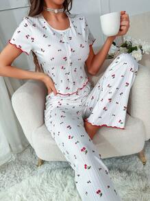 Cherry Print Lettuce Trim Button Front Tee & Pants PJ Set / Pajama Set White Set