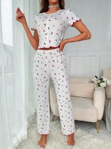 Cherry Print Lettuce Trim Button Front Tee & Pants PJ Set / Pajama Set White Set