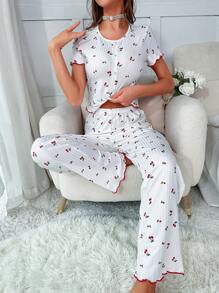 Cherry Print Lettuce Trim Button Front Tee & Pants PJ Set / Pajama Set White Set
