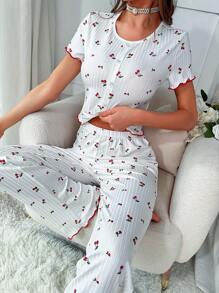 Cherry Print Lettuce Trim Button Front Tee & Pants PJ Set / Pajama Set White Set