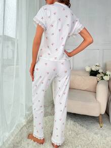Conjunto de pijama con estampado floral con encaje en contraste - Blanco - Ver 2