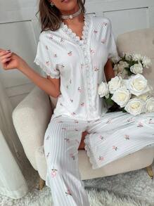 Conjunto de pijama con estampado floral con encaje en contraste - Blanco - Ver 1