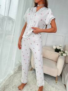 Conjunto de pijama con estampado floral con encaje en contraste - Blanco - Ver 4