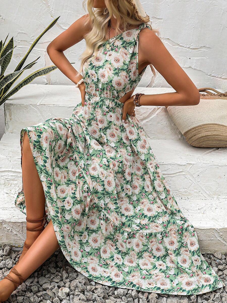 SHEIN VCAY 滿版印花單肩多層下擺洋裝 - 彩色 - 查看 1