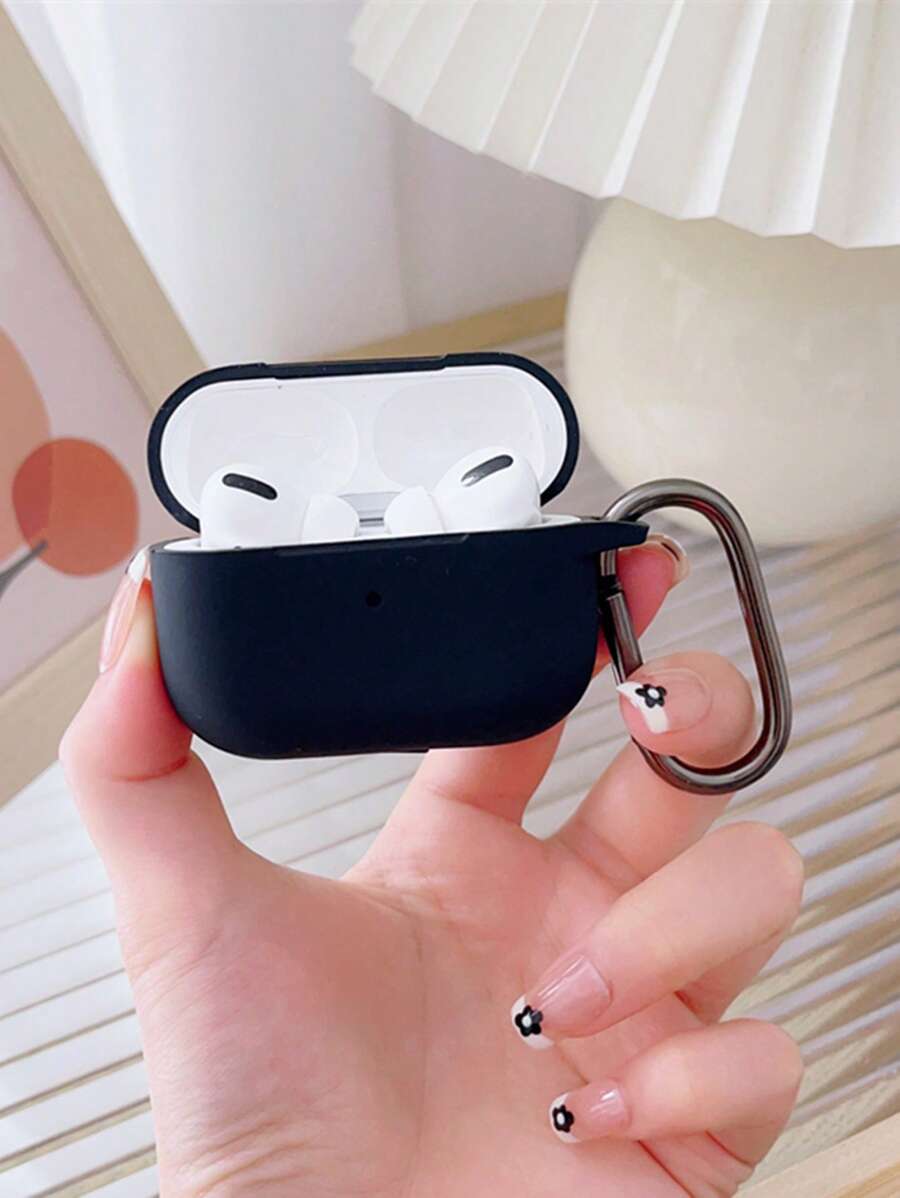 时尚纯色耐用硅胶保护套，兼容苹果蓝牙耳机，带钥匙扣 - 黑色 - 查看 1