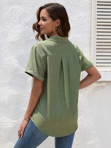 SHEIN LUNE Lapel Neck Pocket Patched Button Front Shirt - Army Green - View 2