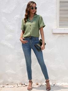 SHEIN LUNE Lapel Neck Pocket Patched Button Front Shirt - Army Green - View 4