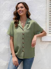 SHEIN LUNE Lapel Neck Pocket Patched Button Front Shirt - Army Green - View 6