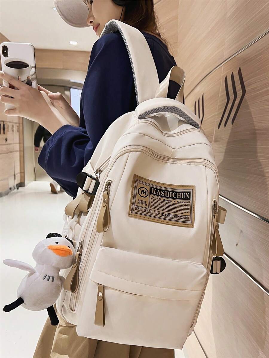 Letter Patch Classic Backpack Zipper Front Decor Adjustable Strap - White - View 1