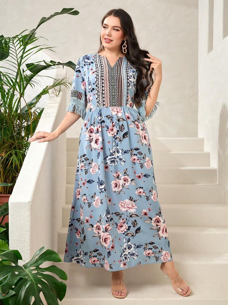 Mulvari Plus Floral Print V Neck Dress - Multicolor - View 6