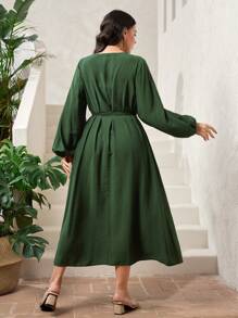 Mulvari Plus Floral Embroidery Lantern Sleeve Tassel Belted Dress - Army Green - View 3