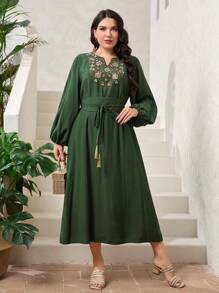 Mulvari Plus Floral Embroidery Lantern Sleeve Tassel Belted Dress - Army Green - View 2