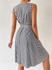 SHEIN VCAY Áo sơ mi nữ kẻ sọc thắt nút quấn hông - Đen và trắng - Xem 2