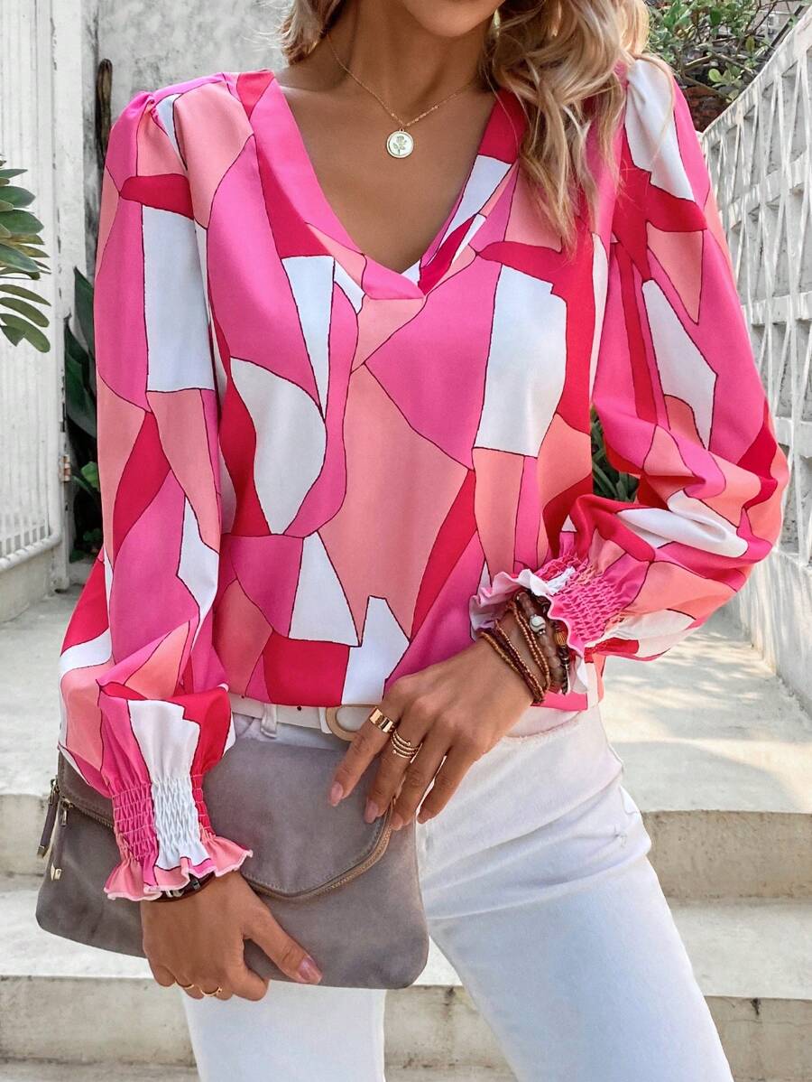 SHEIN LUNE Geo Print Lantern Sleeve Blouse - Pink - View 1