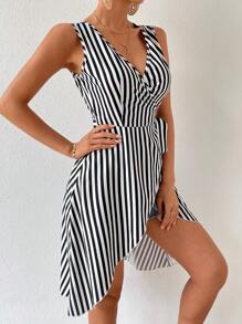 SHEIN VCAY Áo sơ mi nữ kẻ sọc thắt nút quấn hông - Đen và trắng - Xem 4