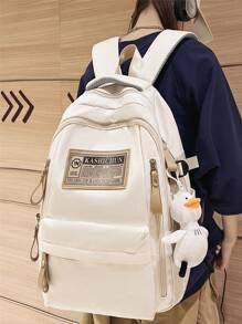 Letter Patch Classic Backpack Zipper Front Decor Adjustable Strap - White - View 5