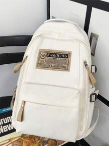 Letter Patch Classic Backpack Zipper Front Decor Adjustable Strap - White - View 6