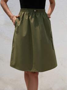 SHEIN Essnce Flap Pocket Side Drawstring Waist Cargo Skirt - Army Green - View 4