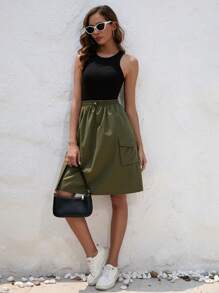 SHEIN Essnce Flap Pocket Side Drawstring Waist Cargo Skirt - Army Green - View 5