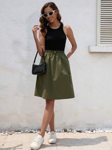 SHEIN Essnce Flap Pocket Side Drawstring Waist Cargo Skirt - Army Green - View 6