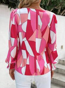 SHEIN LUNE Geo Print Lantern Sleeve Blouse - Pink - View 2