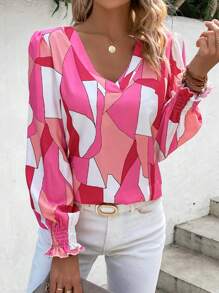SHEIN LUNE Geo Print Lantern Sleeve Blouse - Pink - View 3