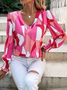 SHEIN LUNE Geo Print Lantern Sleeve Blouse - Pink - View 4